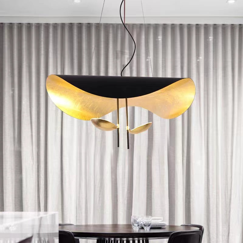 Modern Art Hat-Shaped Gold Leaf Metal Pendant Chandelier for Living and Dining Room