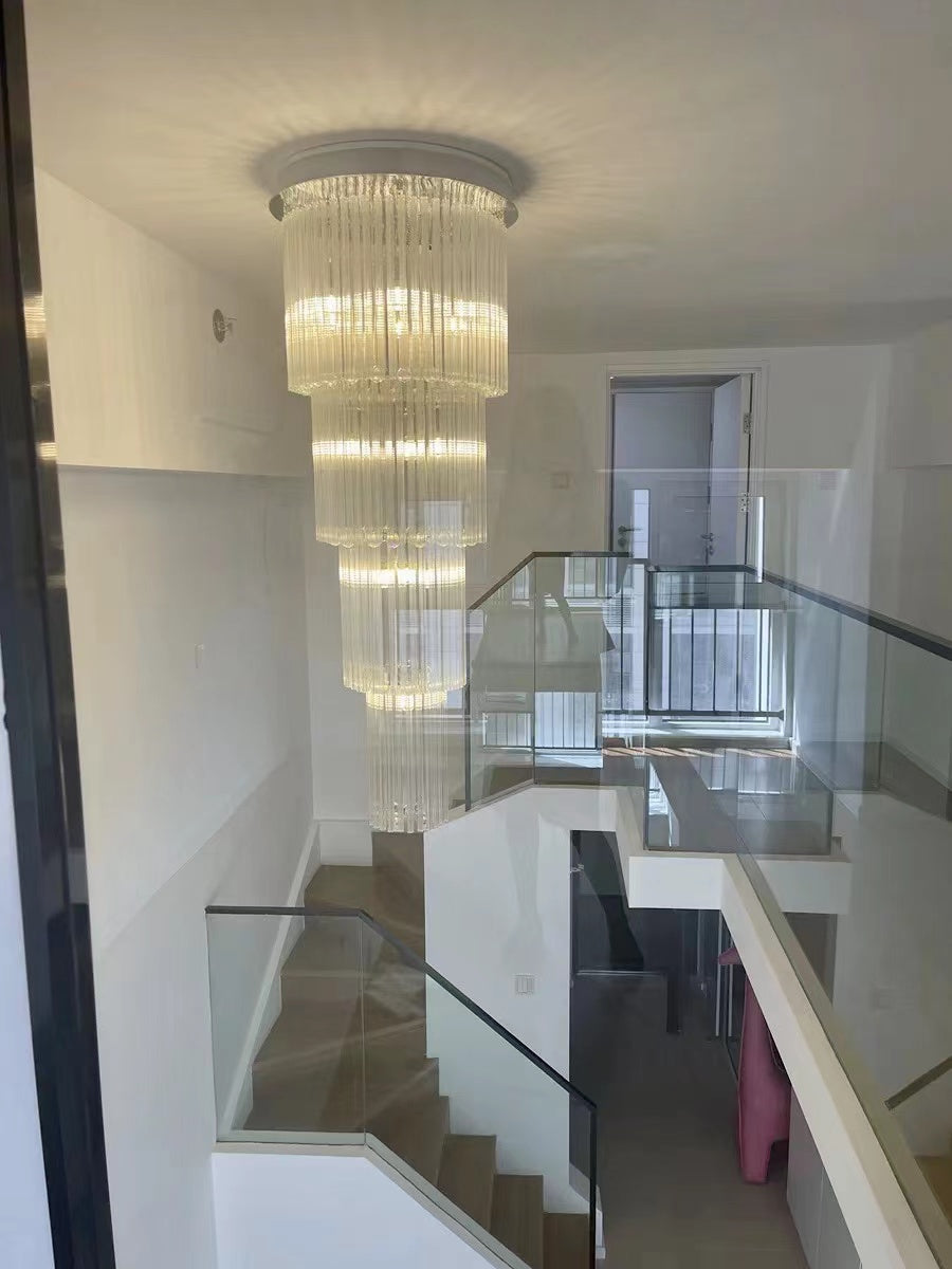 Oversized Tiered Crystal and Stainless Steel Ceiling Chandelier for Luxury Duplex and