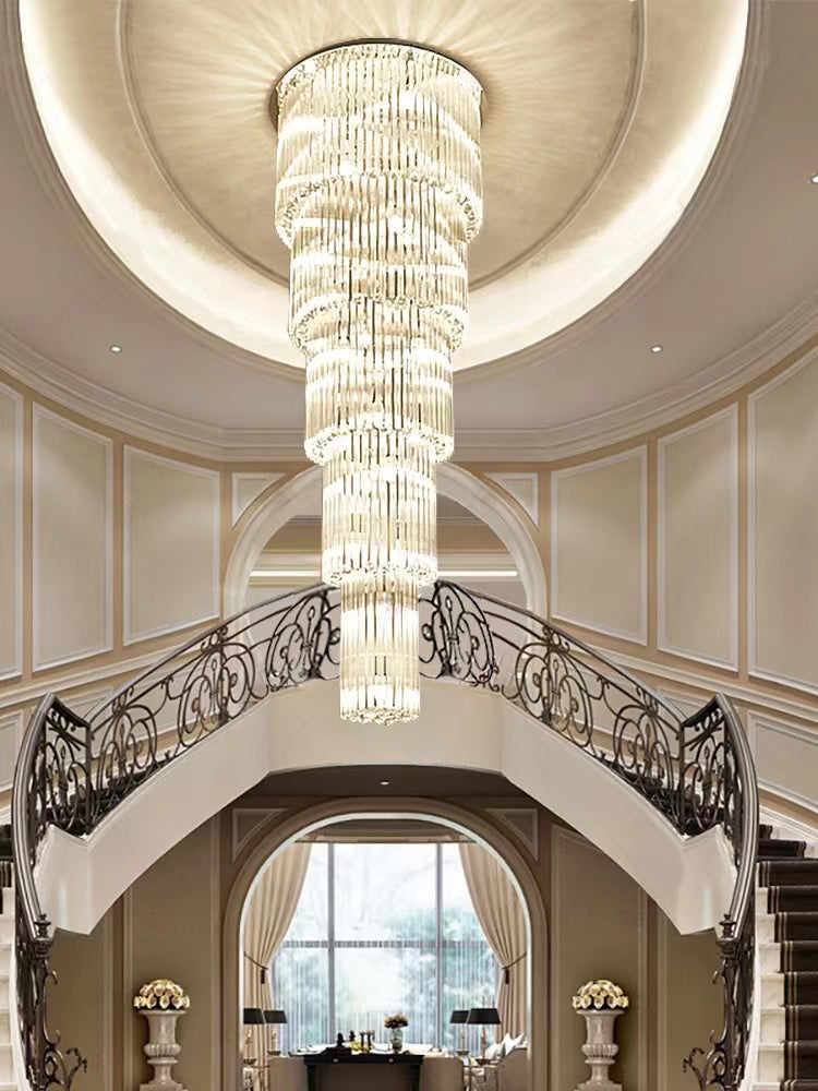 Oversized Tiered Crystal and Stainless Steel Ceiling Chandelier for Luxury Duplex and