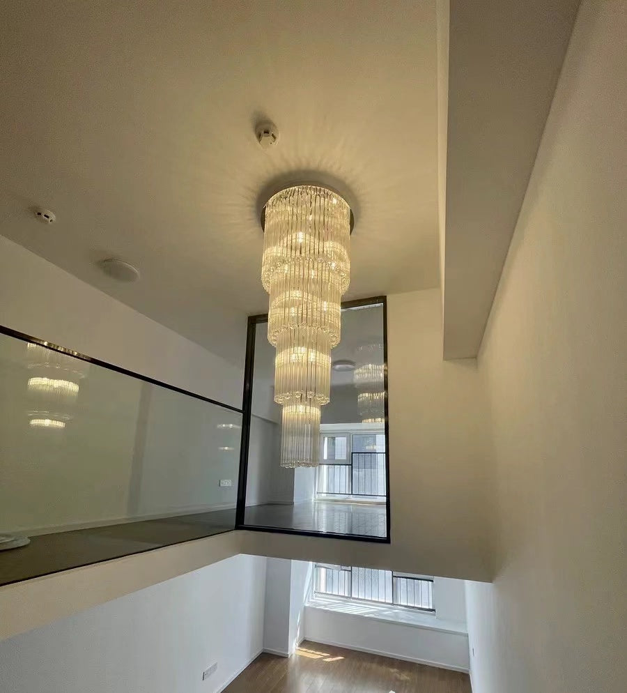 Oversized Tiered Crystal and Stainless Steel Ceiling Chandelier for Luxury Duplex and