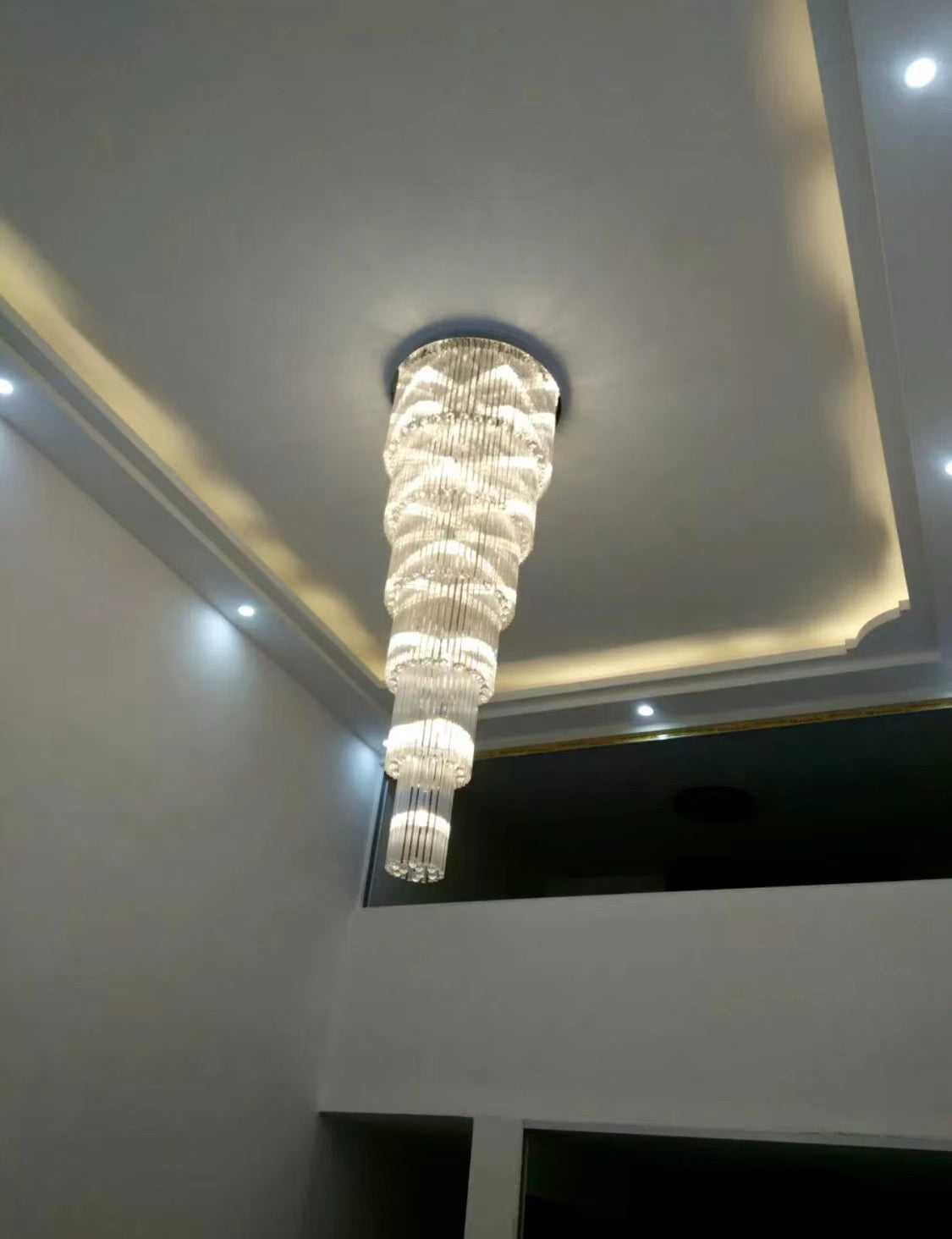 Oversized Tiered Crystal and Stainless Steel Ceiling Chandelier for Luxury Duplex and