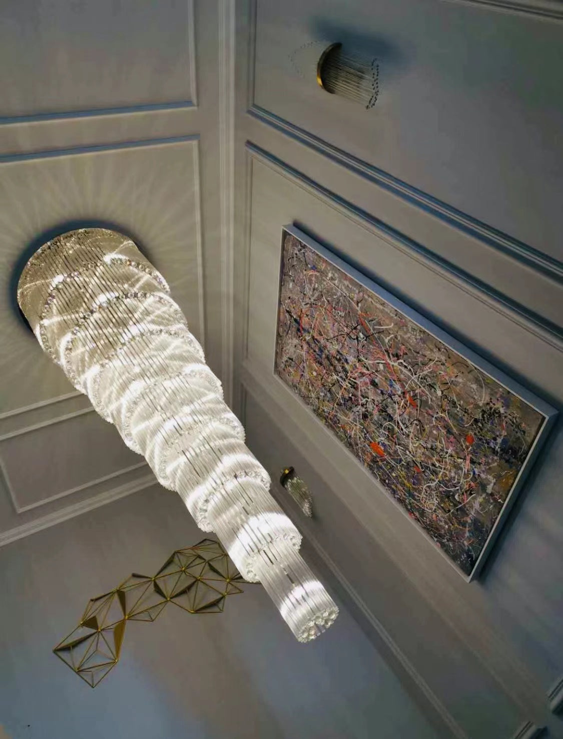 Oversized Tiered Crystal and Stainless Steel Ceiling Chandelier for Luxury Duplex and