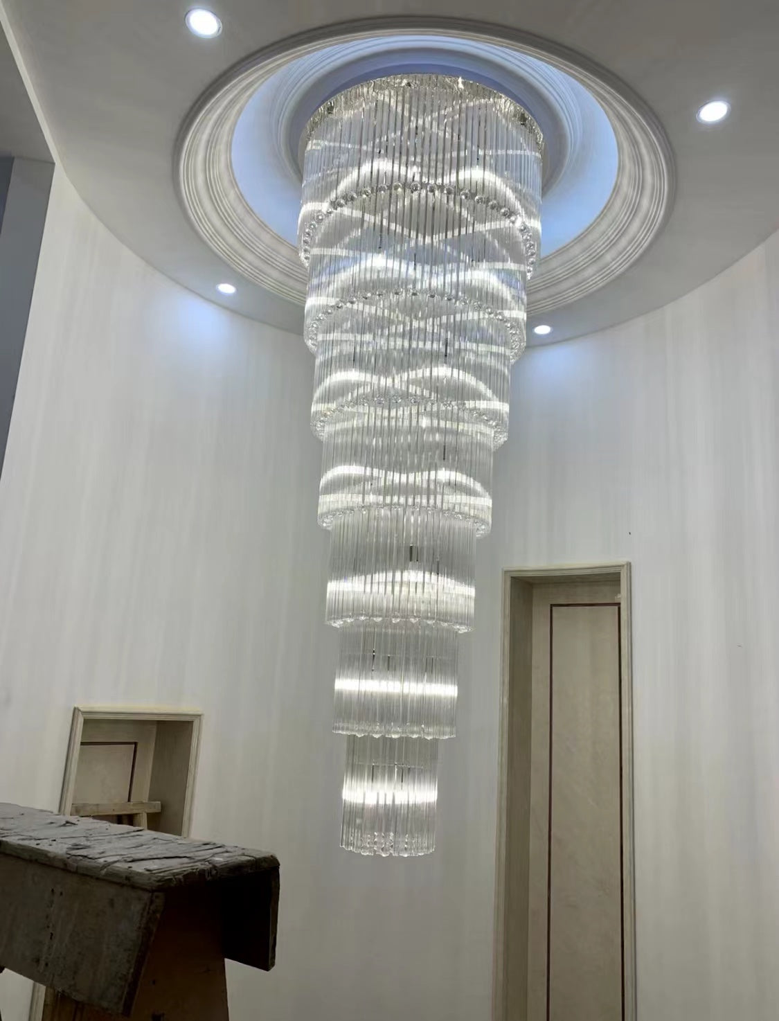 Oversized Tiered Crystal and Stainless Steel Ceiling Chandelier for Luxury Duplex and