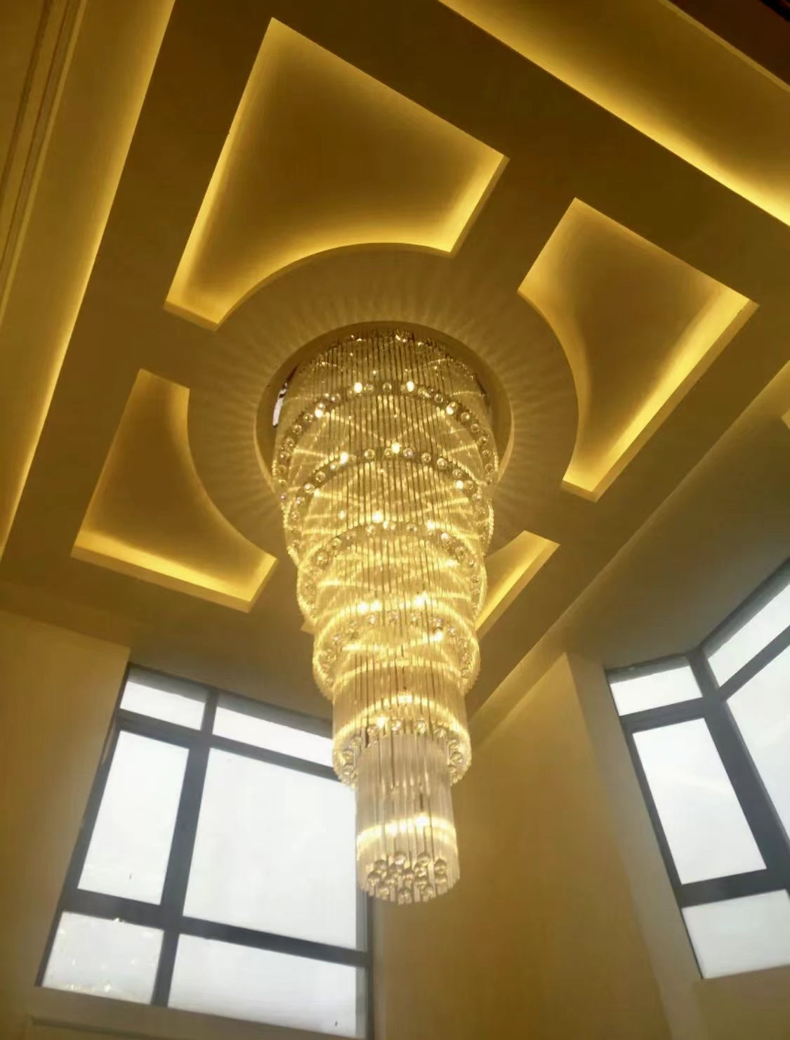 Oversized Tiered Crystal and Stainless Steel Ceiling Chandelier for Luxury Duplex and