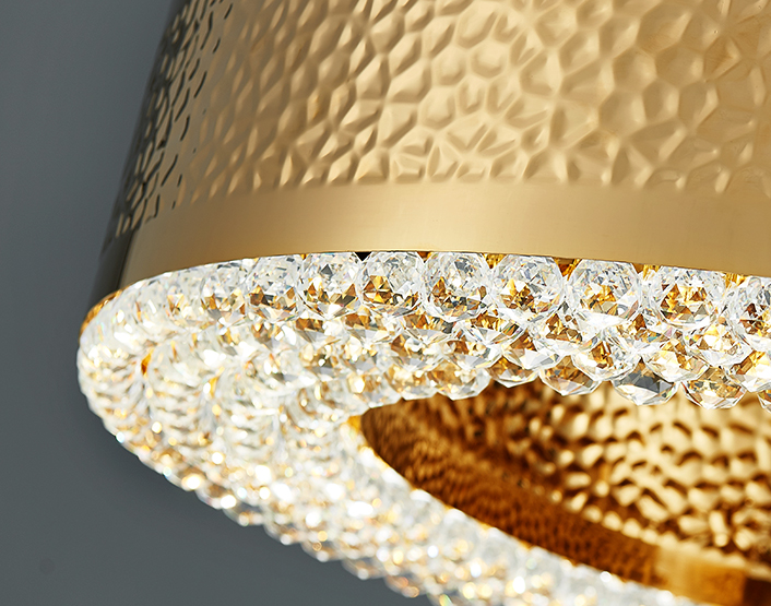 Titanium Gold Finish Round Hollow Crystal Chandelier with Tiered Design for Living Room