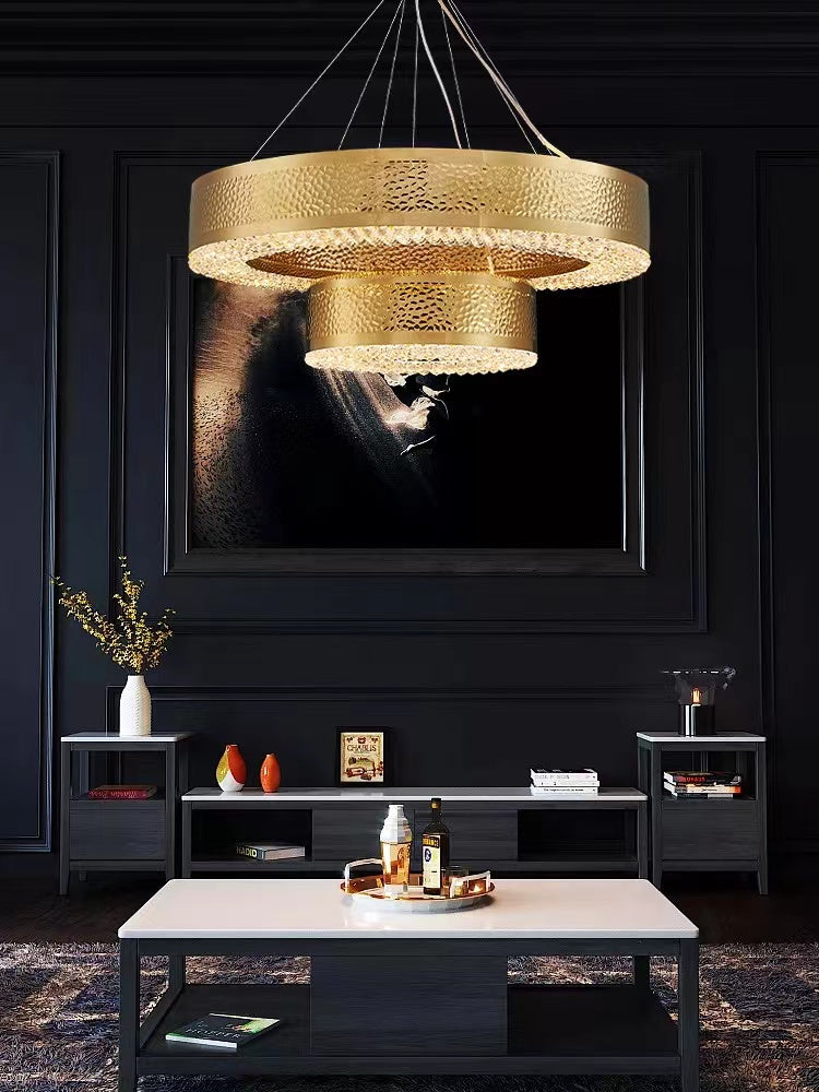 Titanium Gold Finish Round Hollow Crystal Chandelier with Tiered Design for Living Room