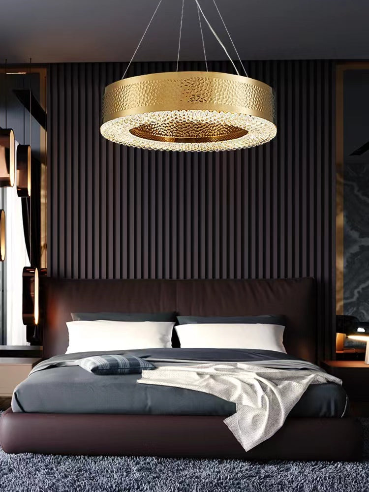 Titanium Gold Finish Round Hollow Crystal Chandelier with Tiered Design for Living Room