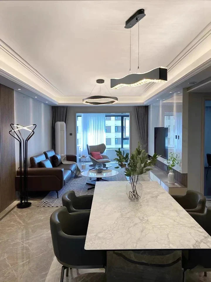 Modern Minimalist Art Wave Crystal Chandelier Suit in Black Finish for Living Room & Dining Room