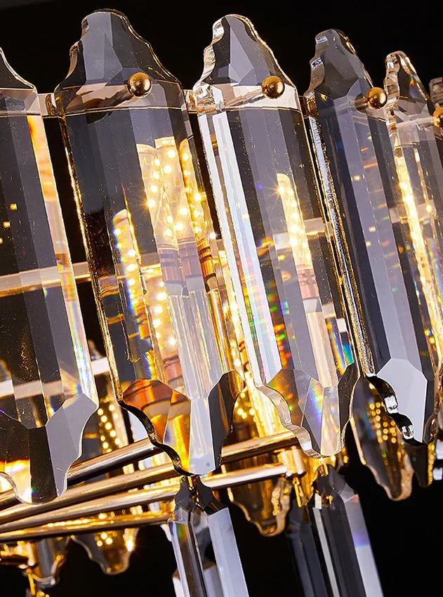 Modern Transparent Crystal and Gold Chandelier with Oval Slices, Round & Rectangle Shapes, High-Quality Finish