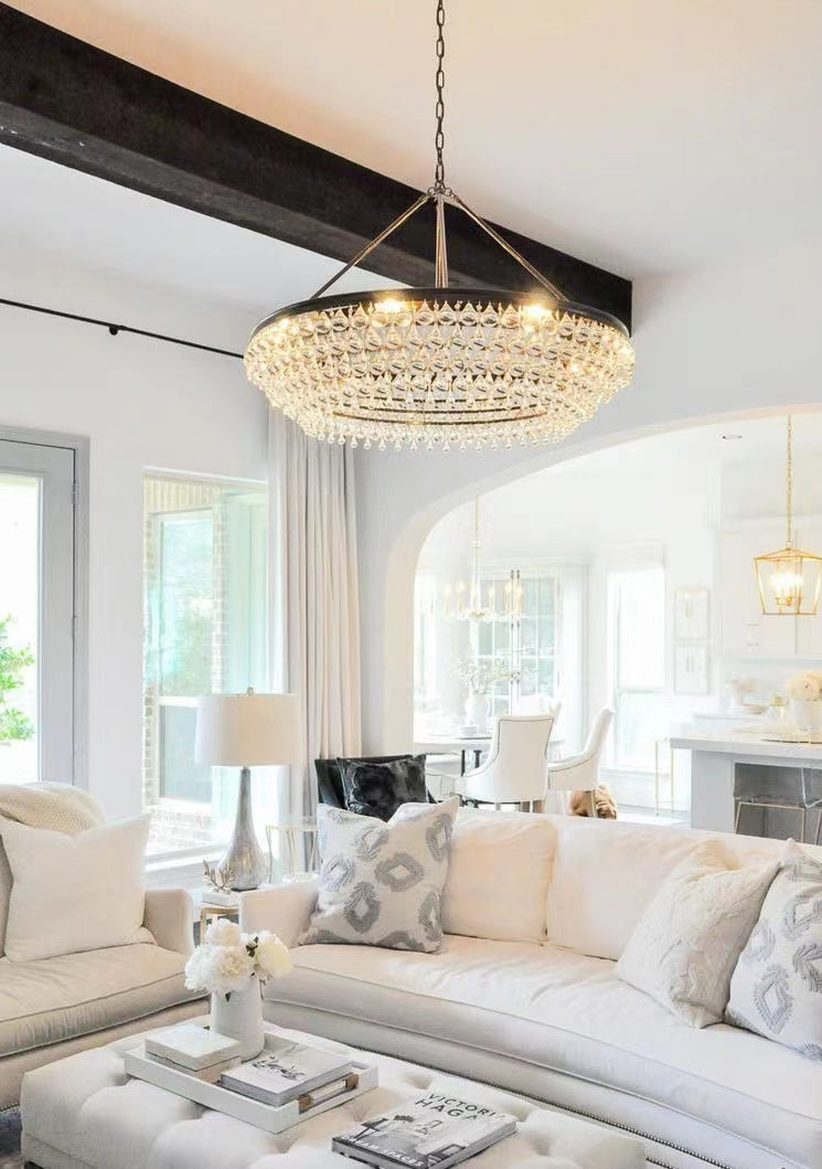 Black Finish Iron Semi Flush Mount Light Round Crystal Drops Ceiling Chandelier for Living Room