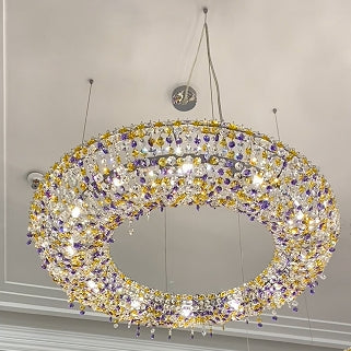 Unique Eccentric Circle Colorful Crystal Beads Chandelier Luxury Ceiling Lamp for Living / dining Room