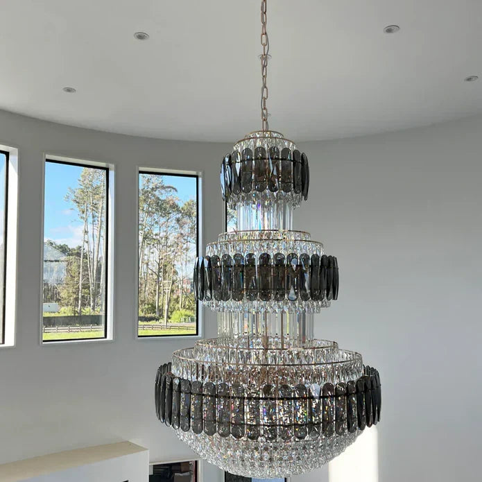 Golden Era Grand Cascade Round Chandelier with Smoky Gray & Clear K9 Crystal Finish for High Ceilings