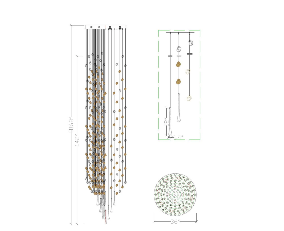 Modern Waterfall Glass Gem Stone & Teardrop Chandelier with Round Canopy – High-Quality Glass and Metal Finish