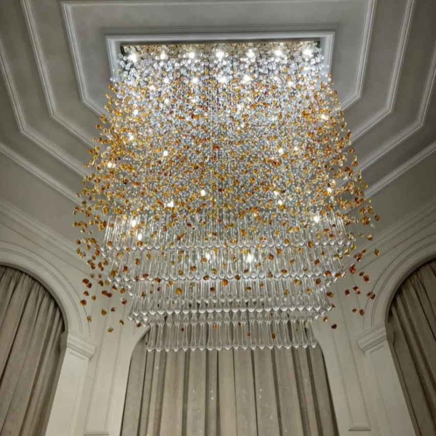 Modern Waterfall Glass Gem Stone Chandelier with Rectangle Canopy – High-Quality Glass and Metal Finish for
