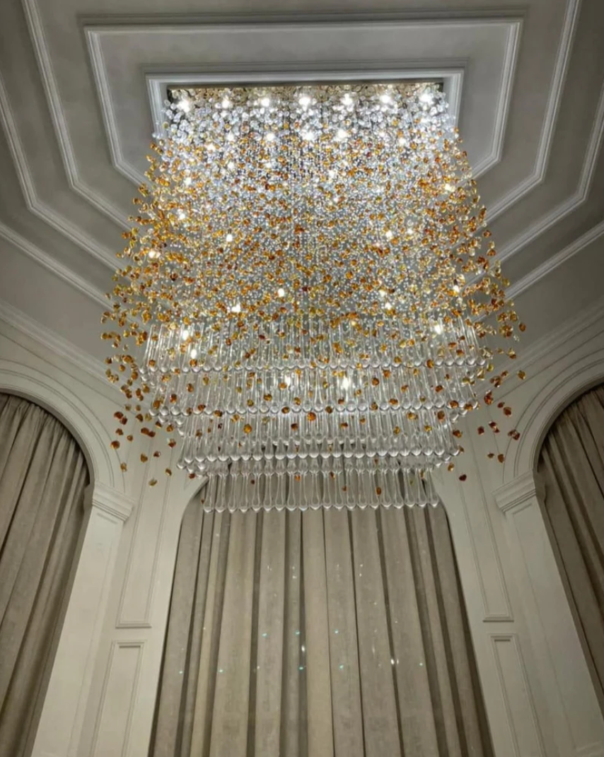 Modern Waterfall Glass Gem Stone Chandelier with Rectangle Canopy – High-Quality Glass and Metal Finish for