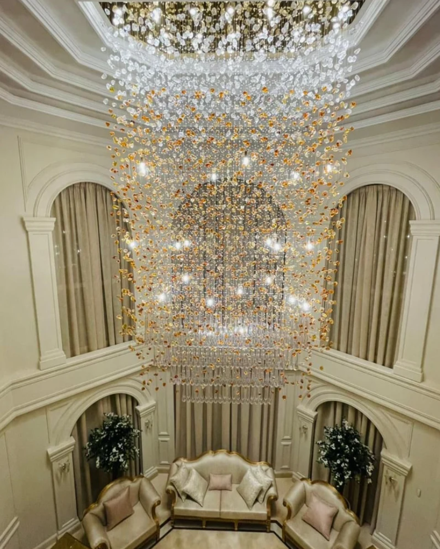 Modern Waterfall Glass Gem Stone Chandelier with Rectangle Canopy – High-Quality Glass and Metal Finish for