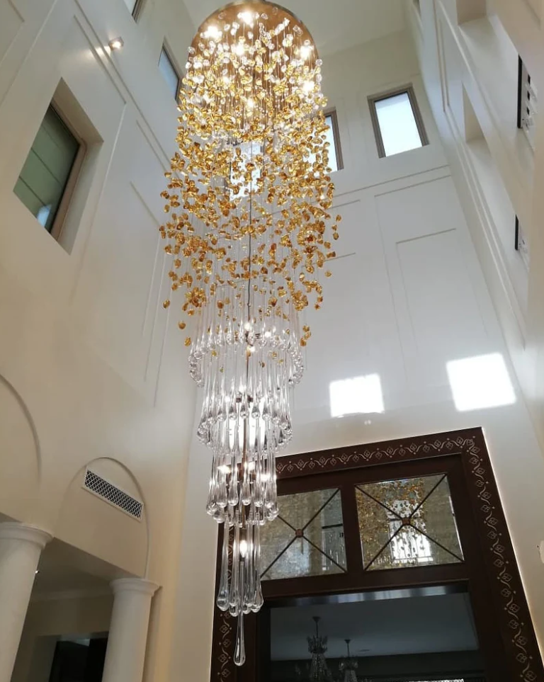 Modern Waterfall Glass Gem Stone & Teardrop Chandelier with Round Canopy – High-Quality Glass and Metal Finish