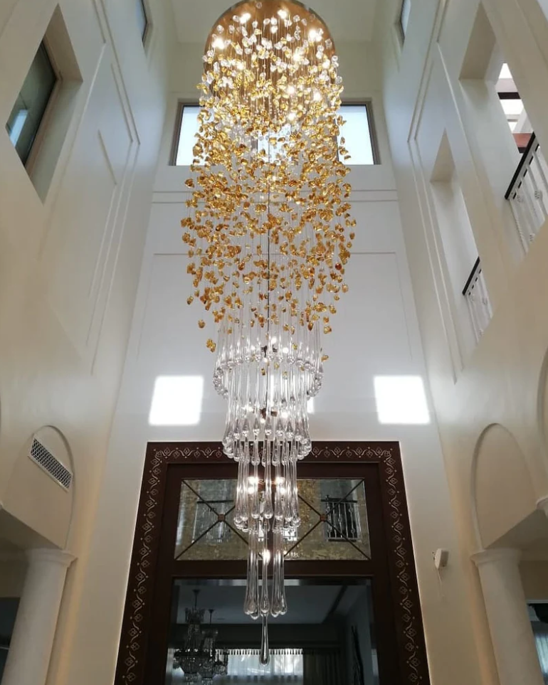 Modern Waterfall Glass Gem Stone & Teardrop Chandelier with Round Canopy – High-Quality Glass and Metal Finish