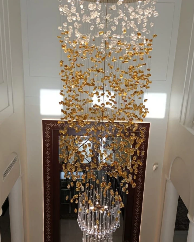 Modern Waterfall Glass Gem Stone & Teardrop Chandelier with Round Canopy – High-Quality Glass and Metal Finish