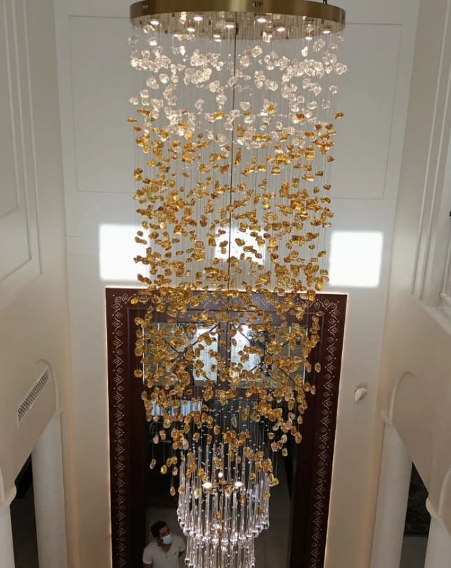 Modern Waterfall Glass Gem Stone & Teardrop Chandelier with Round Canopy – High-Quality Glass and Metal Finish