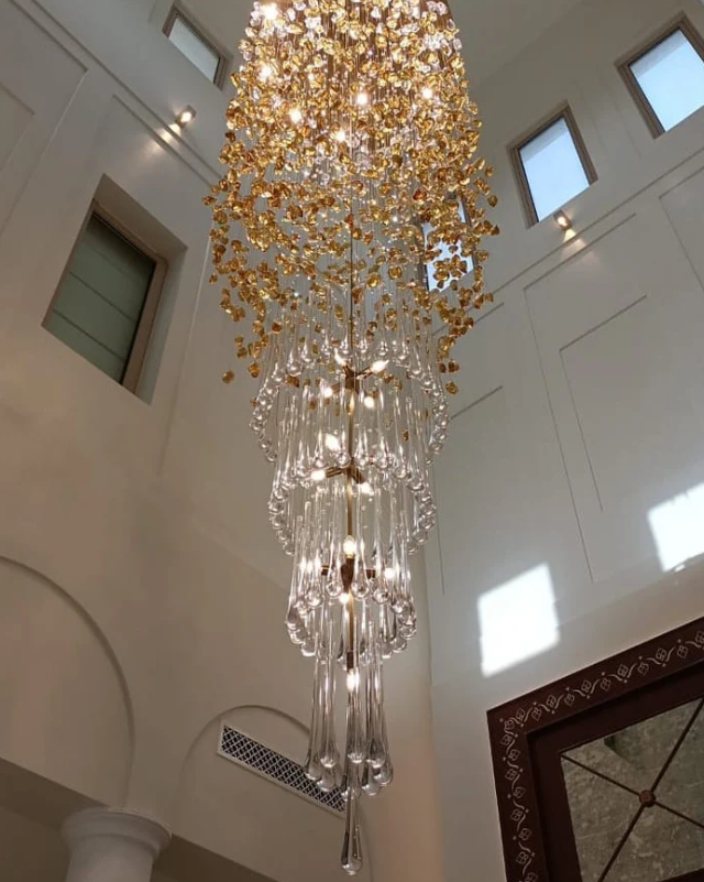 Modern Waterfall Glass Gem Stone & Teardrop Chandelier with Round Canopy – High-Quality Glass and Metal Finish