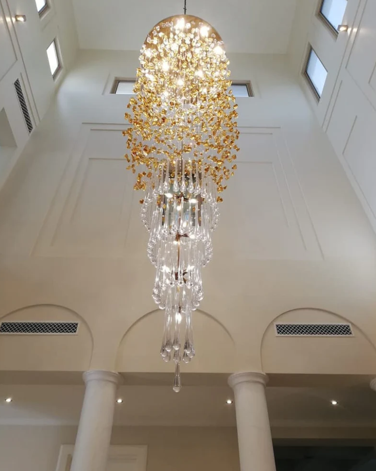 Modern Waterfall Glass Gem Stone & Teardrop Chandelier with Round Canopy – High-Quality Glass and Metal Finish