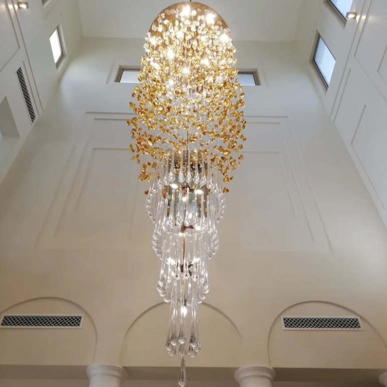 Modern Waterfall Glass Gem Stone & Teardrop Chandelier with Round Canopy – High-Quality Glass and Metal Finish