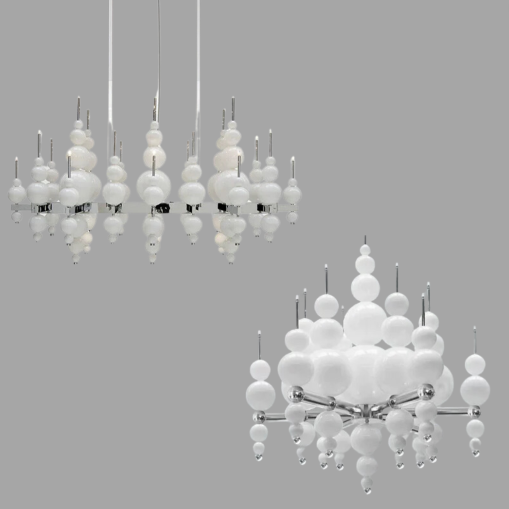 Modern Black & White Glass Ball Cluster Chandelier – Round / linear Metal Finish for Living & Dining Room
