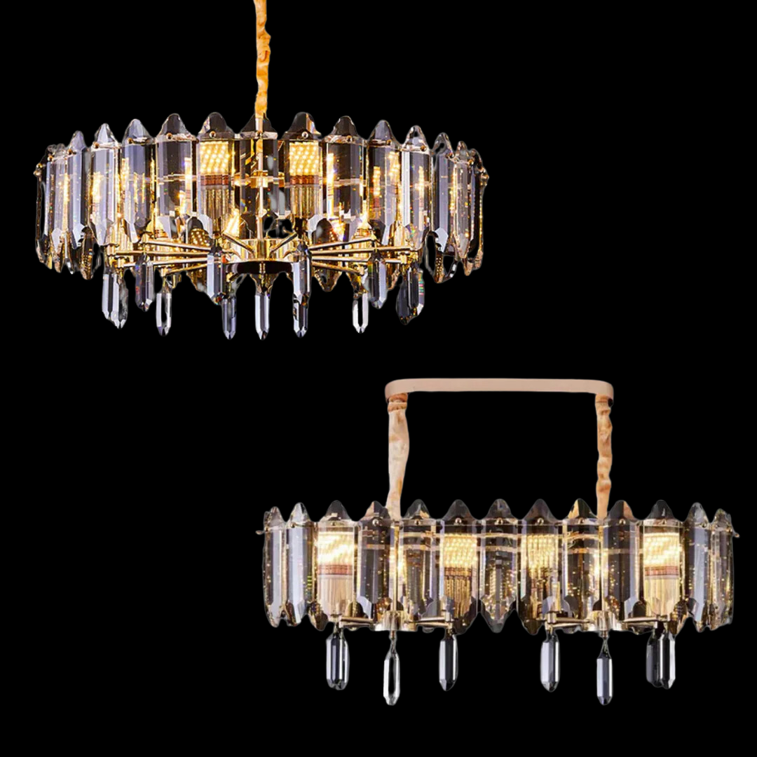 Modern Transparent Crystal and Gold Chandelier with Oval Slices, Round & Rectangle Shapes, High-Quality Finish