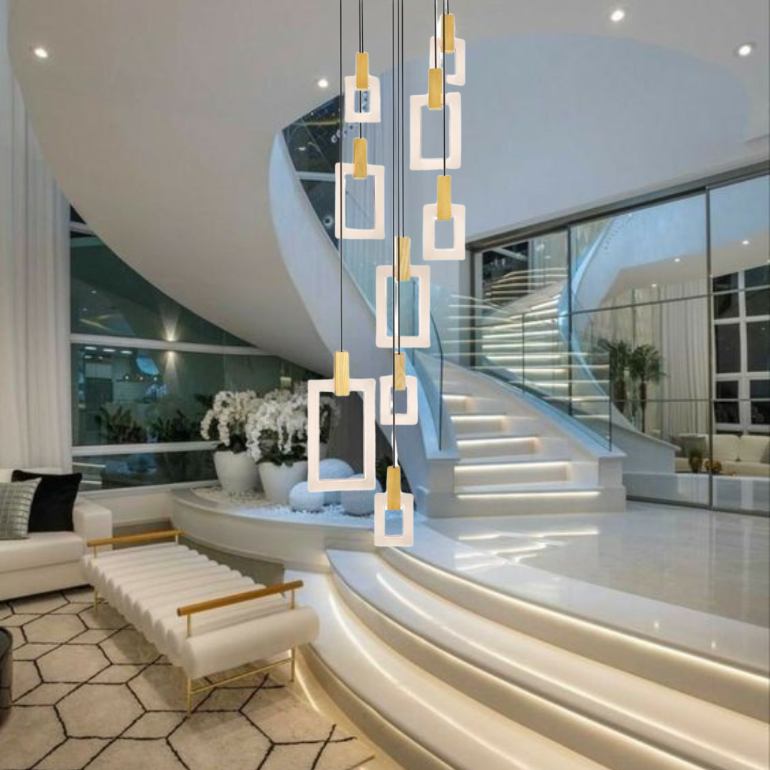 Rectangular LED Pendant Light with White Oak Finish and Acrylic Metal Frame
