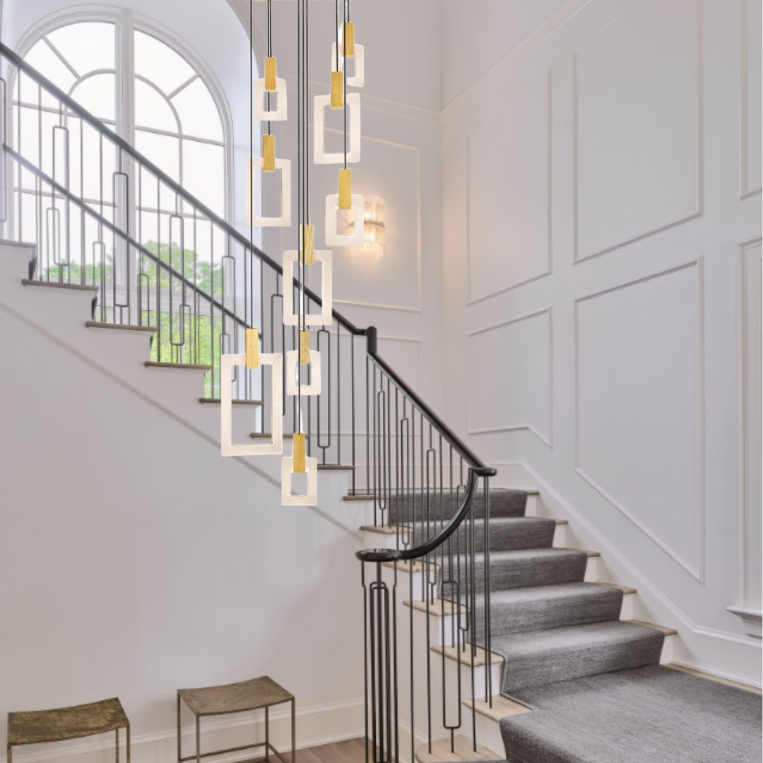 Rectangular LED Pendant Light with White Oak Finish and Acrylic Metal Frame