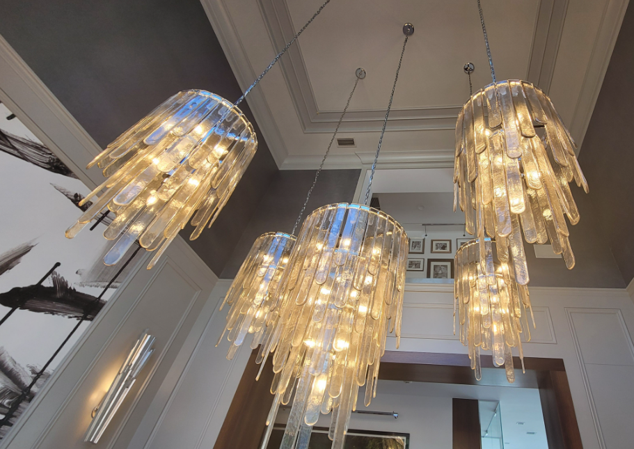 Modern Multi-Tier Champagne-Hued Glass Chandelier in Chrome Finish