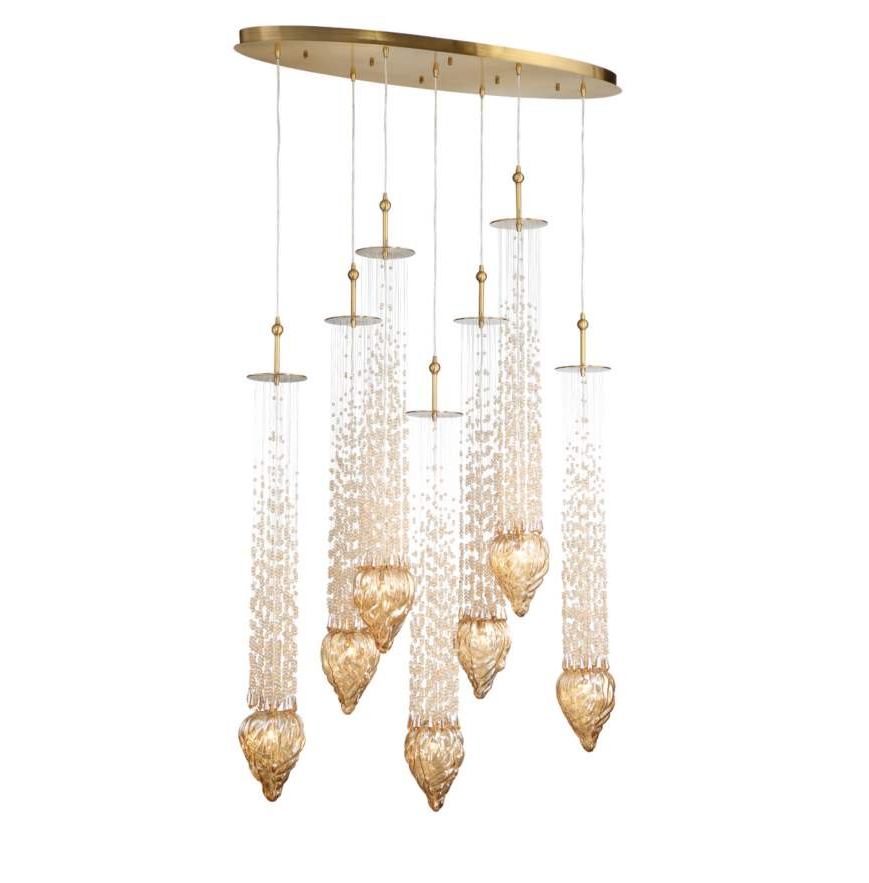 Modern Floating Blown Amber Glass Chandelier for High-Ceiling