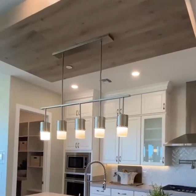 Industrial Antique Silver 5-Light Metal and Glass Chandelier with White Glass Shades for Kitchen Island