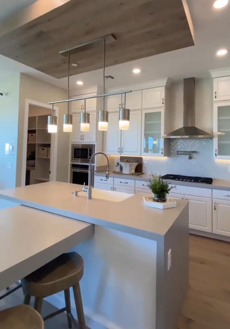 Industrial Antique Silver 5-Light Metal and Glass Chandelier with White Glass Shades for Kitchen Island