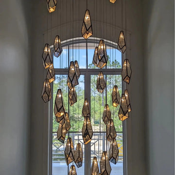 Antique Brass Irregular Cutting Diamond Multi-Drop Suspension Chandelier with Mirror Shades