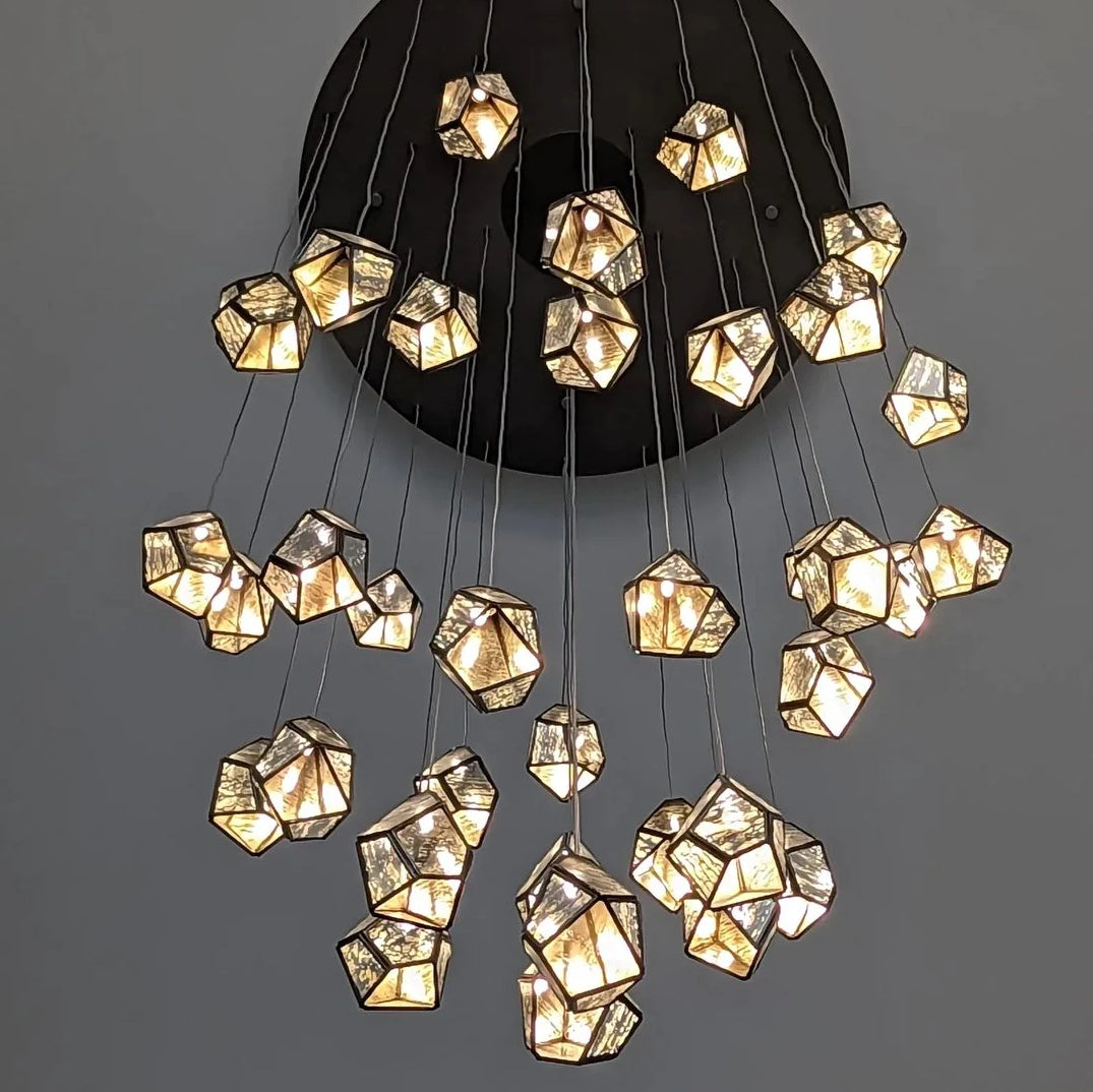 Antique Brass Irregular Cutting Diamond Multi-Drop Suspension Chandelier with Mirror Shades