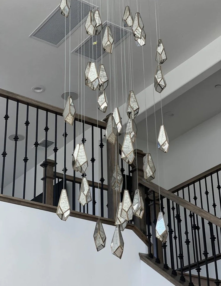 Antique Brass Irregular Cutting Diamond Multi-Drop Suspension Chandelier with Mirror Shades