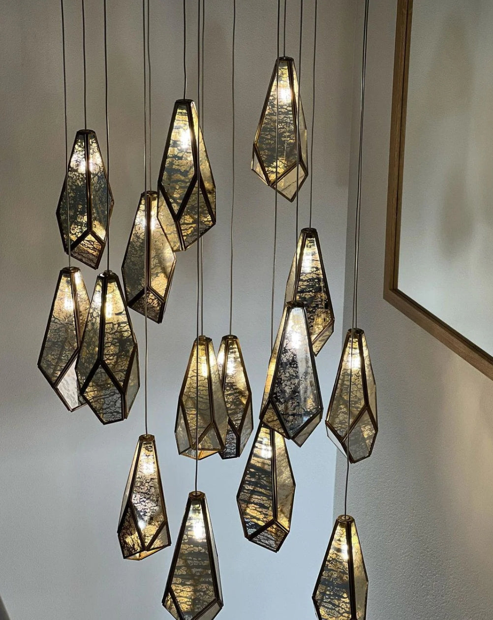 Antique Brass Irregular Cutting Diamond Multi-Drop Suspension Chandelier with Mirror Shades