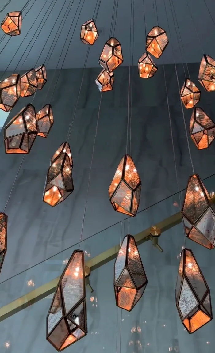 Antique Brass Irregular Cutting Diamond Multi-Drop Suspension Chandelier with Mirror Shades