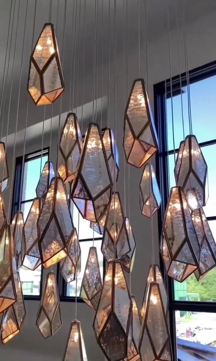 Antique Brass Irregular Cutting Diamond Multi-Drop Suspension Chandelier with Mirror Shades