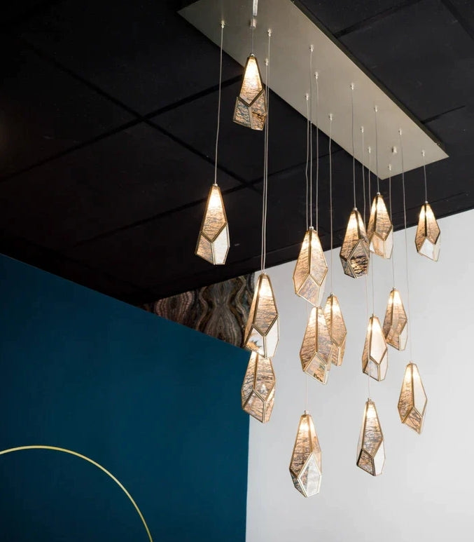 Antique Brass Irregular Cutting Diamond Multi-Drop Suspension Chandelier with Mirror Shades