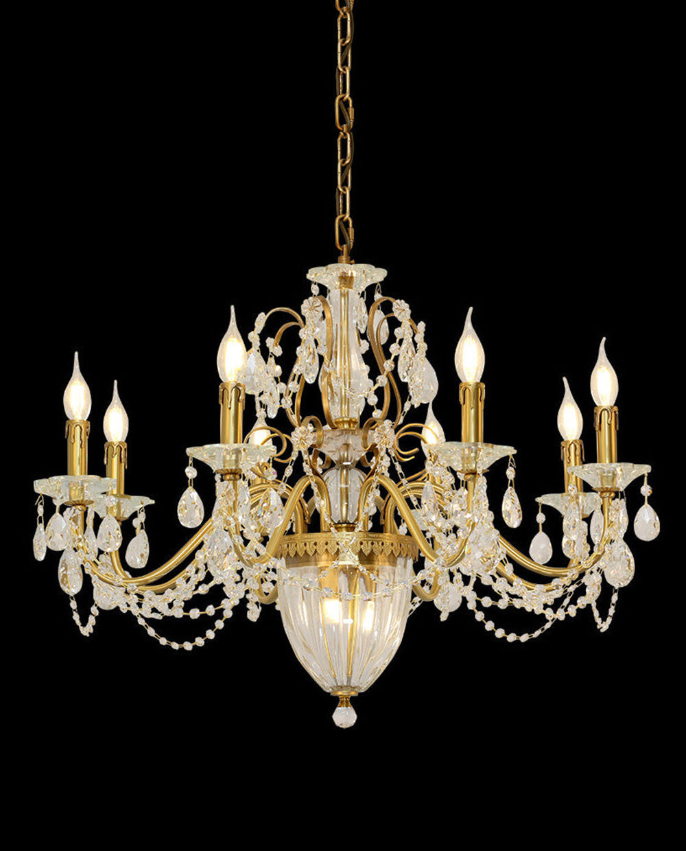 Eight Brass Arms Classical Crystal Chandelier Small Gold Chandelier for Sitting Room 33X28 Inch