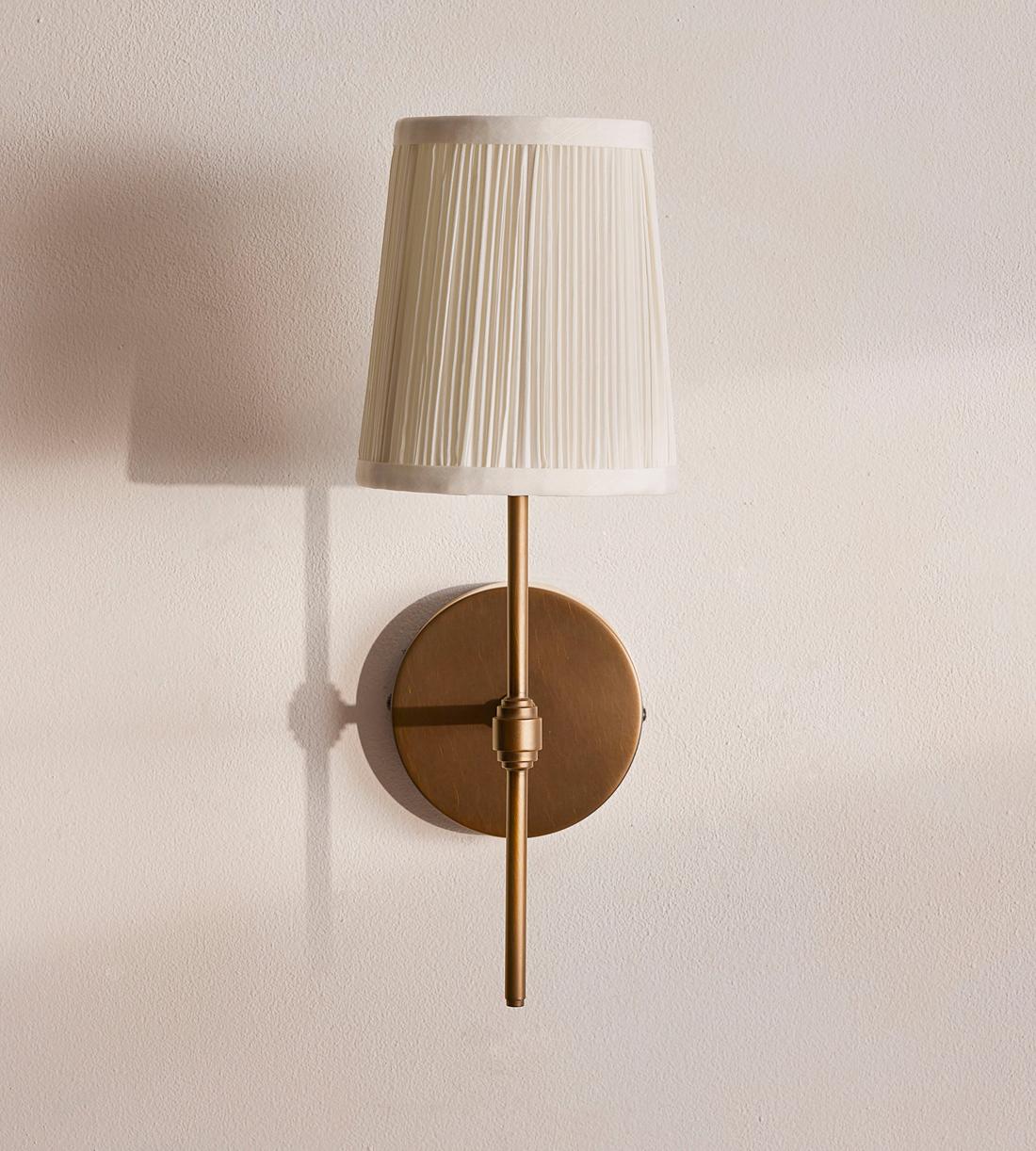 Antiqued Brass Wall Sconce with Linen Shade - Erhaus product image 1