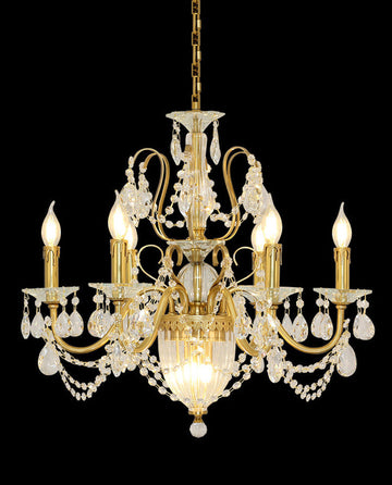 Six Brass Arms Classical Crystal Chandelier Small Gold Chandelier for Bedroom 26X26 Inch