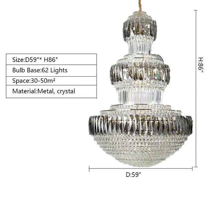 Golden Era Grand Cascade Round Chandelier with Smoky Gray & Clear K9 Crystal Finish for High Ceilings
