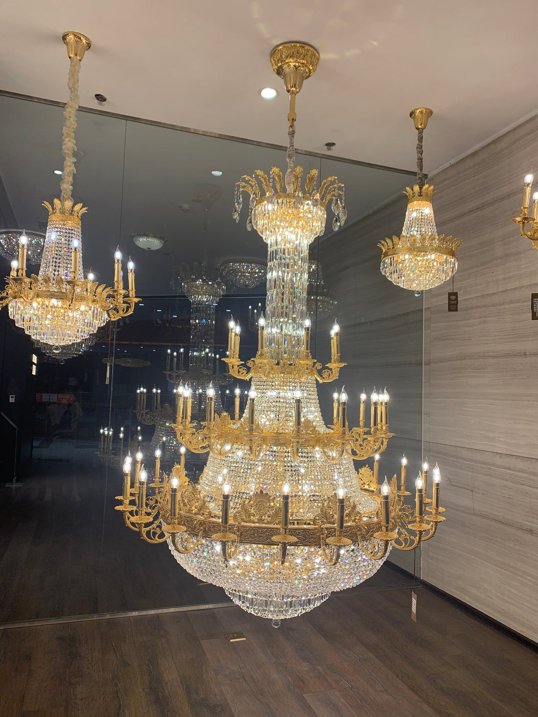 Luxury Empire Multi-Tiered Candle Crystal Chandelier with Gold Finish, High-Quality K9 Crystal and Brass