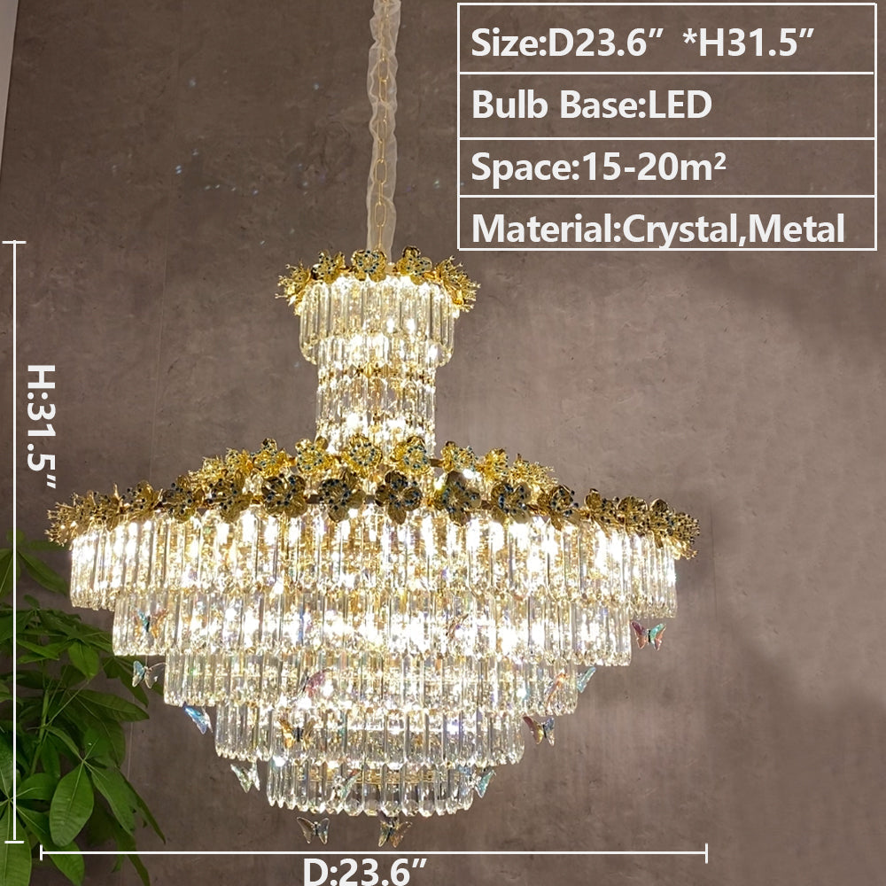Modern Light Luxury Art Design Butterfly Multi-Tiered Round Crystal Chandelier with Golden Flowers for Living