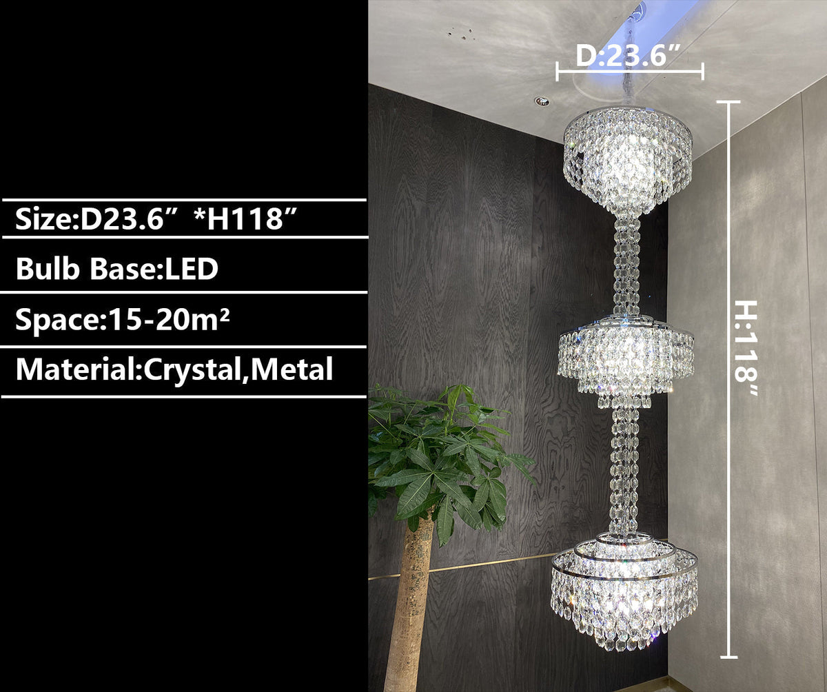 Modern French Elegant Oversized 3-Tiered Silver Seashells Long Crystal Chandelier for Staircase