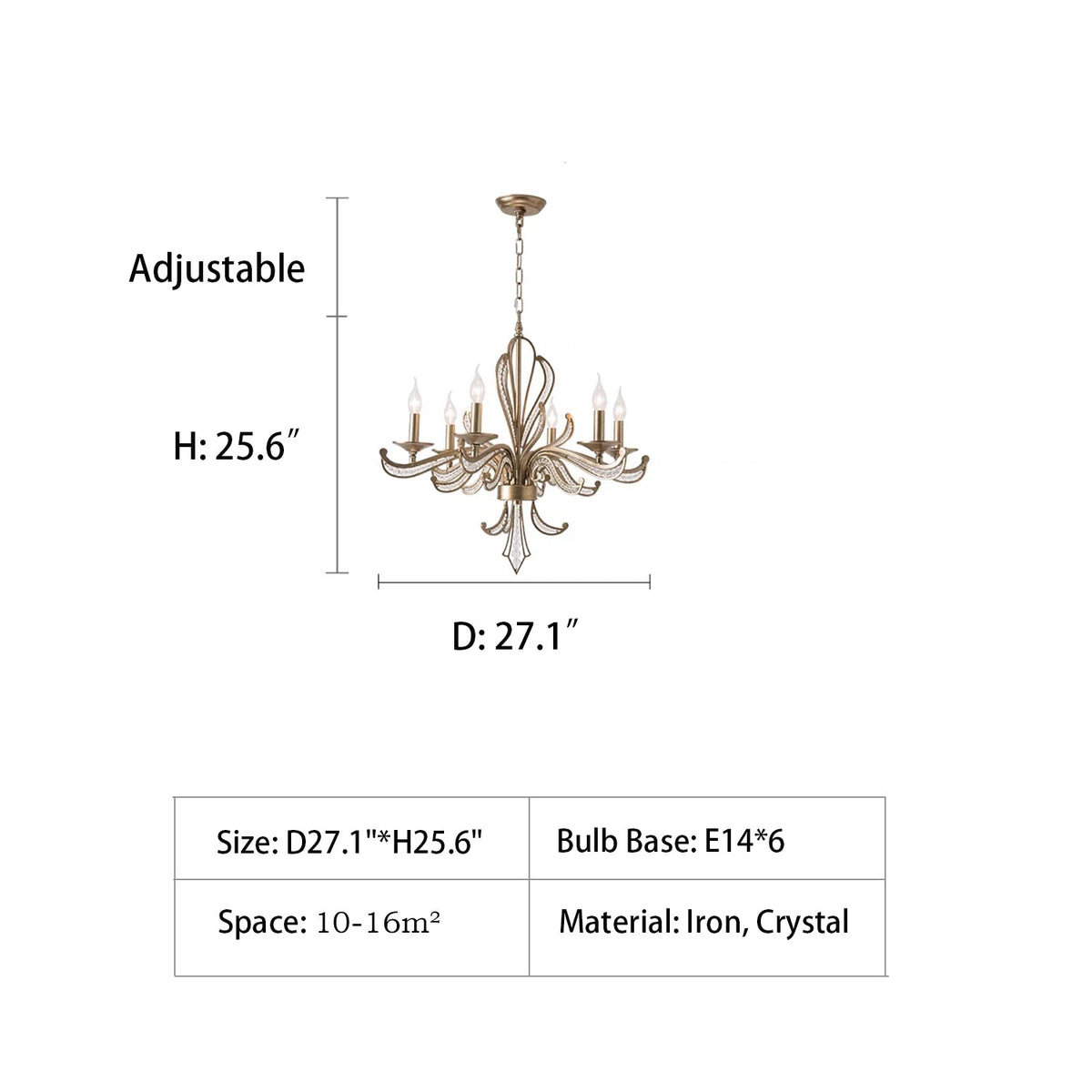 Vintage Silver Finish Crystal and Iron Candle Chandelier for Living Room and Dining Room